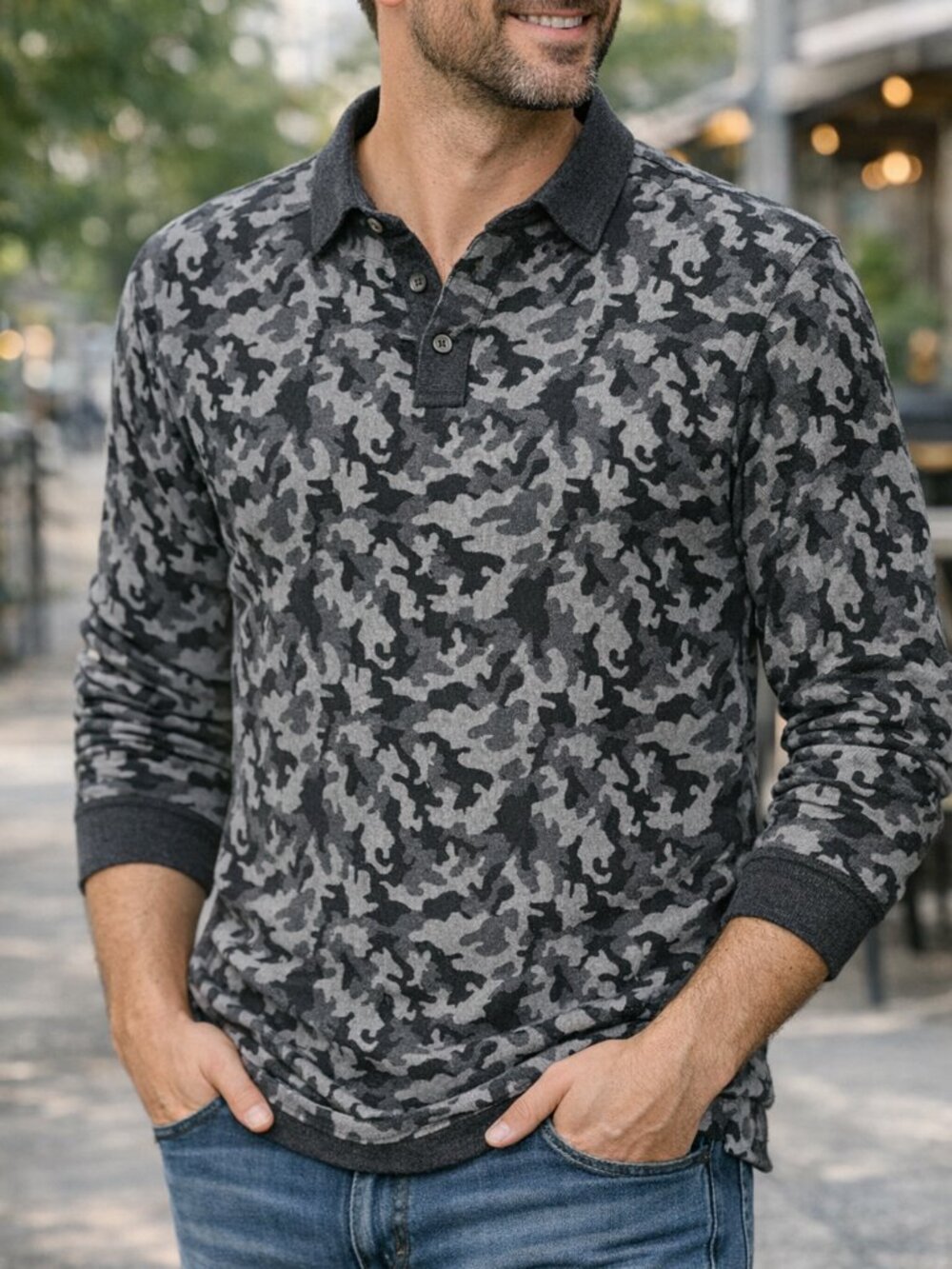 Men's Crosby & Howard Long Sleeve Gray Camouflage Polo Shirt Sweater NEW Sz XL
